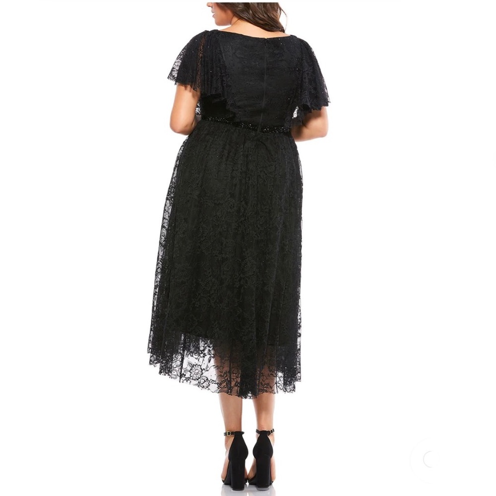 MAC DUGGAL Black Lace Overlay Short Sleeve Empire Waist V Neck Midi Dress 16 NWT - Picture 2 of 16